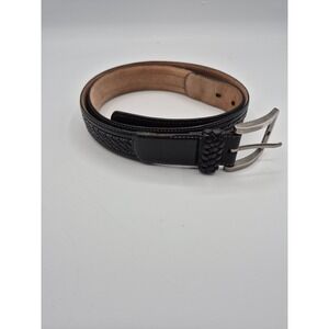 Tommy Bahama Leather Belt Mens 38 Black Silver Buckle Tip Basket Weave